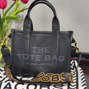 Marc Jacobs Black Leather Small Tote with Gold/Black Thin Webbing Strap
